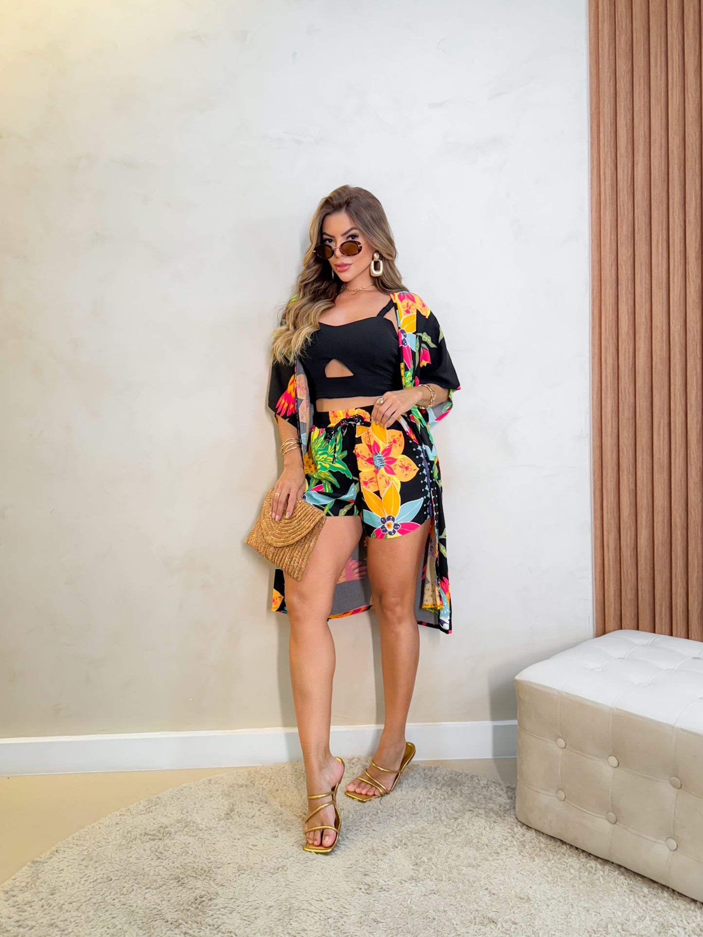 Conjunto 2 peças Kimono Longo + Short Estampa Florata